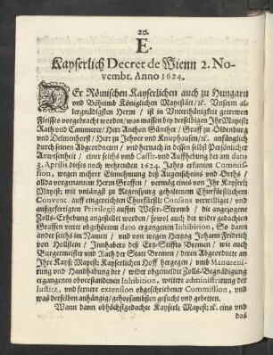 E. Kayserlich Decret de Wienn 2. Novembr. Anno 1624.