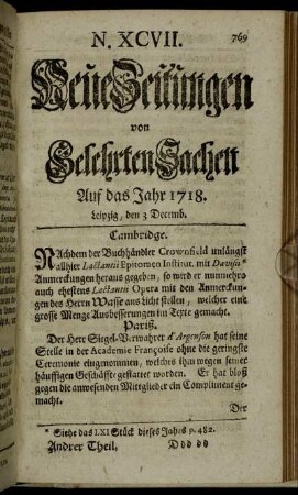 N. XCVII. Leipzig, den 3 Decemb. - N. CIV. Leipzig, den 31 Decemb.