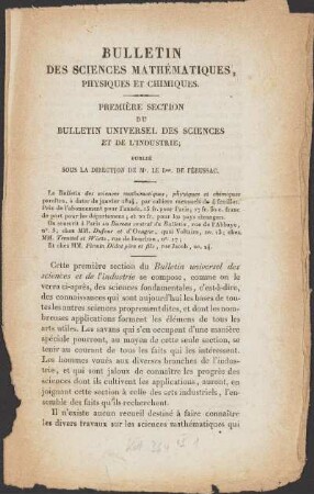 Première Section: Bulletin des sciences mathématiques, physiques et chimiques