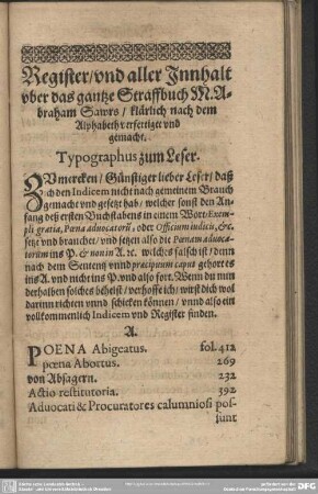 Register, und aller Innhalt uber das gantze Straffbuch M. Abraham Sawrs, klärlich nach dem Alphabeth verfertiget und gemacht