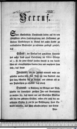 Verruf. : München den 30. Brachmonats 1780. Ex Commisssione Serenis. Dni. Dni. Ducis, et Electoris Speciali. Johann Georg Kroiß, Churfürstl. ober Landesregierungs-Sekretär.