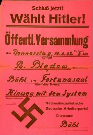 Versammlung der NSDAP-Ortsgruppe Bühl: Hinweg mit dem System