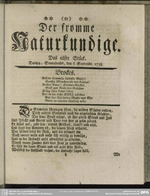Der fromme Naturkundige. Das eilfte Stück. Dantzig, Sonnabends, den 6. Septembr. 1738