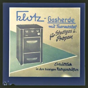 Farbige Werbung für Klotz-Gasherde mit Thermostat für Stadtgas und Propan