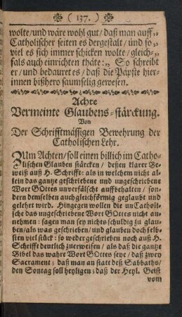 Achte Vermeinte Glaubens-stärckung. Von Der Schrifftmässigen Bewehrung der Catholischen Lehr.