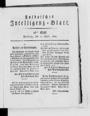 16tes Stück, Ausgabe vom 20. April 1810