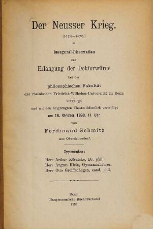 Der Neusser Krieg : (1474 - 1475) ; Inaugural-Dissertation