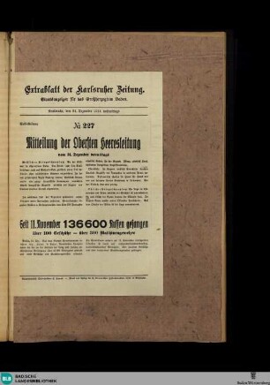 Karlsruher Zeitung, Extrablatt No. 227, Mitteilung der Obersten Heeresleitung vom 31. Dezember 1914