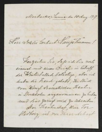 Brief von Selma Lagerlöf an Gerhart Hauptmann