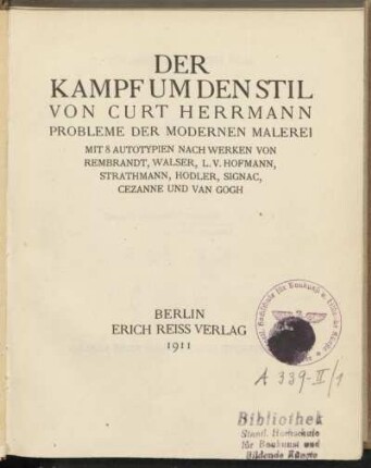 Der Kampf um den Stil : Probleme der modernen Malerei ; mit 8 Autotypien nach Werken von Rembrandt ...
