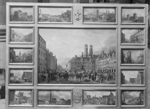 Fünfzehn Ansichten aus München, in der Mitte der Marienplatz