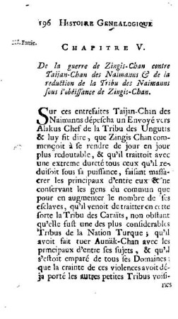 Chapitre V. De la guerre de Zingis-Chan contre Taijan-Chan des Naimanns & de la reduction de la Tribu des Naimanns sous l'obéissance de Zingis-Chan