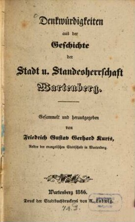 Denkwürdigkeiten aus der Geschichte der Stadt und Standesherrschaft Wartenberg