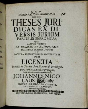 Dissertatio Inauguralis Exhibens Theses Juridicas Ex Diversis Jurium Partibus Depromtas