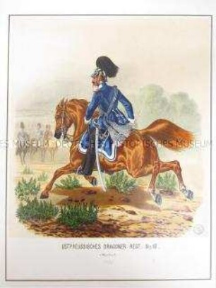Uniformdarstellung, Adjutant des Ostpreußischen Dragoner-Regiments No. 10 zu Pferd, Preußen, 1866. Tafel 92 aus: Schindler: Suplement zum Militair-Album.