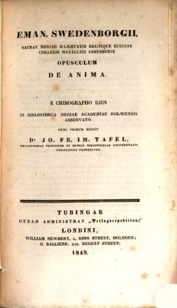 Regnum animale anatomice, physice et philosopice perlustratum : E chirographo ejus in biblioth. regiae academiae Holmiensis asservato nunc primum edidit Jo. Fr. Im. Tafel, 7. De anima agit