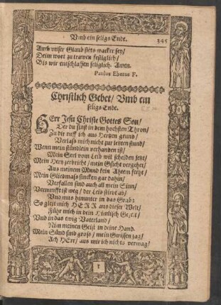 Christlich Gebet/ Umb ein seligs Ende.