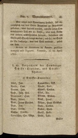 §. 10. Verzeichnis der Hamburger Schiffs-Kapitäne, und Schiffs-Rheder.