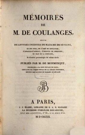 Mémoires : suivifs de lettres inédites de Madame Sévigné