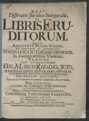 Dissertatio Iuridica Inauguralis, De Libris Eruditorum