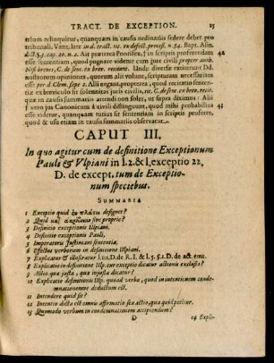Caput III. In quo agitur cum de definitione Exceptionum Pauli & Ulpiani in l. 2. & l. exceptio 22. D. de except. tum de Exceptionum speciebus.