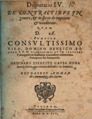 Classis I. disp. IV. de contractibus in genere, et in specie de emptione et venditione