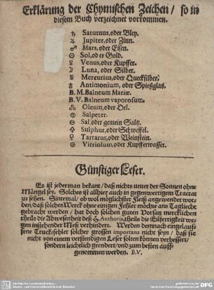 Erklärung der Chymischen Zeichen/so in diesem Buch verzeichnet vorkommen.