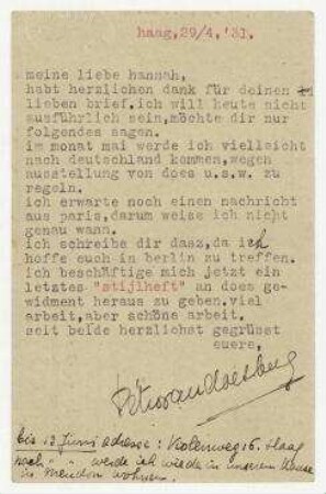Postkarte von Nelly van Doesburg an Hannah Höch. Den Haag