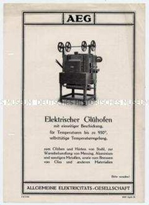 Elektrischer Glühofen mit einseitiger Beschickung, für Temperaturen bis zu 950 Grad mit selbsttätiger Temperaturregelung