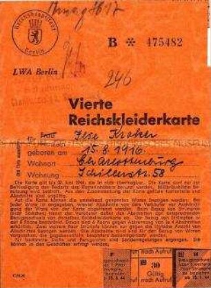 Bezugskarte für Bekleidung für das Jahr 1944