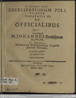 Exercitationum politicarum disputatio XIV. de officialibus