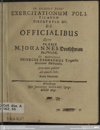 Exercitationum politicarum disputatio XIV. de officialibus