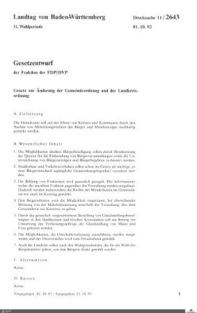 Gesetzentwurf der FDP: Gesetzesänderung Gemeindeordnung / Landkreisordnung