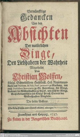 Vernünfftige Gedancken Von den Absichten der natürlichen Dinge