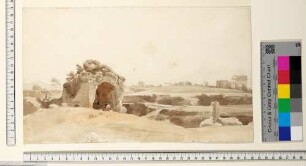 Rom, Grotte der Egeria, im Hintergrund das Grabmal der Cecilia Metella an der Via Appia antica