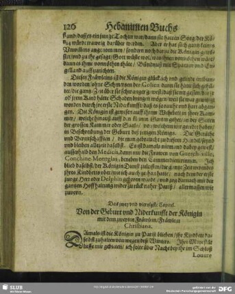 Das zwey und viertzigste Capitel. Von der Geburt und Niderkunfft der Königin mit dem zweyten Fräwlein, Fräwlein Christiana