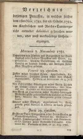 Verzeichnis derjenigen Processen, in welchen seither dem 1sten Nov. 1781. bis ult. Octobr. 1782. am kayserlichen und Reichs-Cammergericht entweder definitivè gesprochen worden, oder sonst merkwürdige Urtheln ergangen.