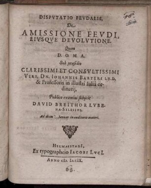 Disputatio Feudalis, De Amissione Feudi, Eiusque Devolutione