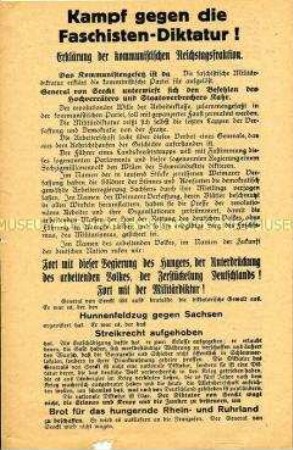 Flugblatt der kommunistischen Reichstagsfraktion mit Kampfansage gegen die Parteien der Weimarer Republik