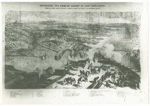 Blick vom Aussichtsturm des Forts Konstantin mit Ansicht der Stadt Sewastopol und Hafenanlagen, vom Fort werden Kanonen abgefeuert
