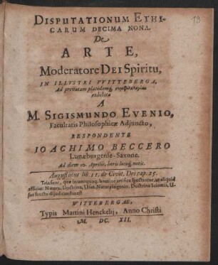 Disputationum Ethicarum Decima Nona. De Arte