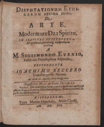 Disputationum Ethicarum Decima Nona. De Arte