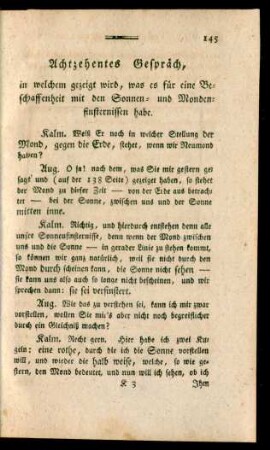 Achtzehentes Gespräch, in welchem gezeigt wird, was es für eine Beschaffenheit mit den Sonnen- und Mondenfinsternissen habe.