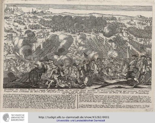Vorstellung der blutigen Bataille so unweit Preussisch Minden auf der großen Heyde zwischen der Französischen Armee und vereinigten Sächsischen Trouppen unter Commando des Herrn Feld Marschall von Contades, und der Allirten Armee unter Commando des Prinz Ferdinand von Braunschweig den 1. August 1759 vorgegangen. o.O.u.J. [1759]