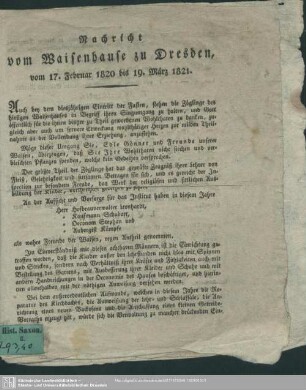 1820/21: Nachricht vom Waisenhause zu Dresden