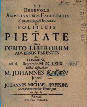 Ex Politicis de Pietate Sive Debito Liberorum Adversus Parentes