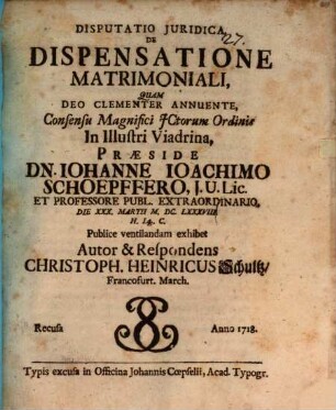Disputatio Juridica, De Dispensatione Matrimoniali