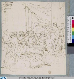 Göttermahl in einer auf Wolken schwebenden Säulenhalle, rechts Bacchus und Satyrn