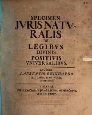 Specimen Jvris Natvralis De Legibvs Divinis Positivis Vniversalibvs