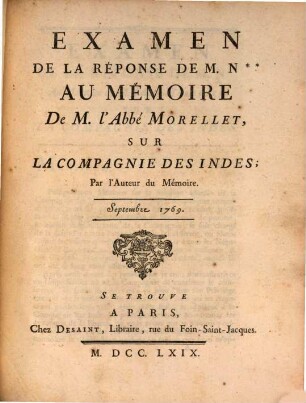 Examen de la réponse de M. N. au mémoire de M. l'abbé Morellet sur la Compagnie des Indes